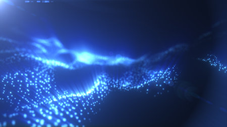 Abstract blue digital particles forming wave patterns with soft glow, futuristic tech background.の写真素材