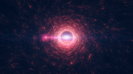 Bright red and pink digital vortex with wireframe and energy lines converging at a glowing center with lens flare.の写真素材