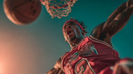 Close-up of a basketball player dunking mid-air, face intense and sweaty, frozen in a moment of pure determination athletic.の素材