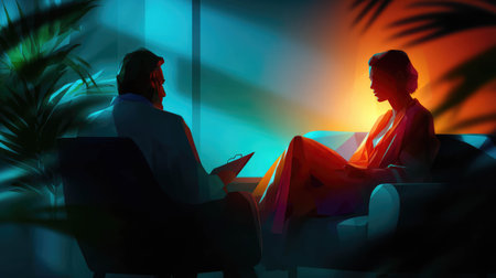 Stylized illustration of a therapy session with silhouettes of a therapist and a patient in warm, moody lighting.の素材