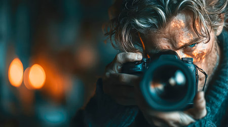 Intense male photographer adjusting a DSLR camera in a studio environment, surrounded by editing screens and soft lights.の素材