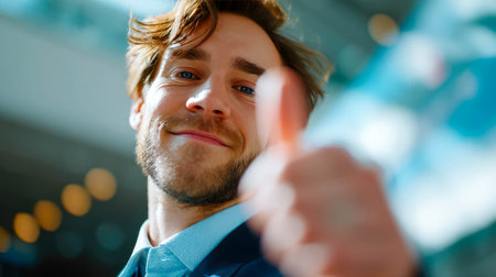 Cheerful young businessman giving a thumbs up in a modern office setting, showing approval and positivity.の素材