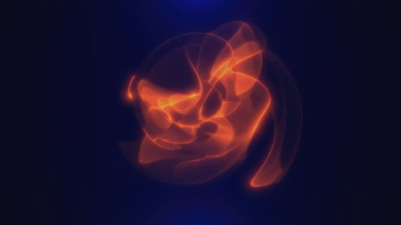 Abstract orange glowing sphere shape with fluid curves on a dark background.の写真素材