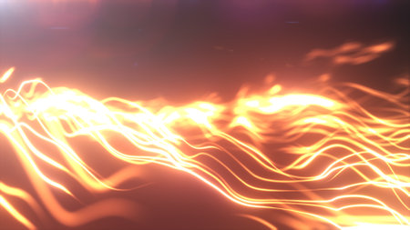 Abstract glowing orange light waves flowing across a dark background, resembling energy or data streams.の写真素材