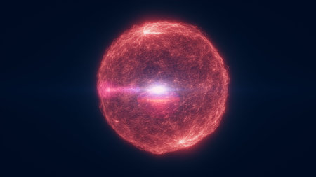 Glowing red digital sphere with radiant core and electric filaments, representing futuristic energy,...