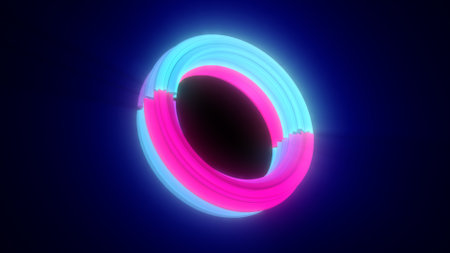 Neon pink and cyan glowing ring on dark blue background, representing digital energy or futuristic tech.の写真素材