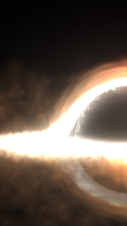 A glowing black hole surrounded by an accretion disk emits intense light and swirling energy.の写真素材