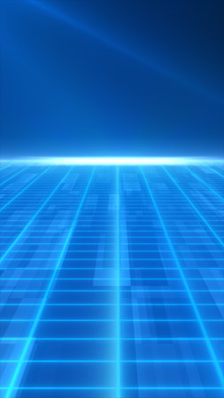 Futuristic grid platform glowing with neon blue lines, evoking a high-tech, digital landscape.の写真素材