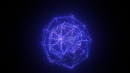 Intense electric blue sphere made of interlocking glowing lines and starburst light rays.の写真素材