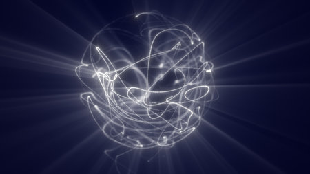 Abstract sphere of luminous white lines and rays on a dark blue background, radiating dynamic futuristic energy.の写真素材