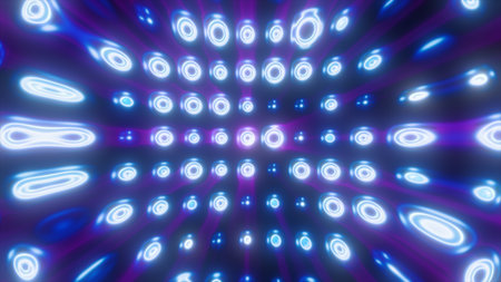 Vibrant array of glowing blue and purple neon rings extending in a digital grid with surreal light distortions and reflections.の写真素材