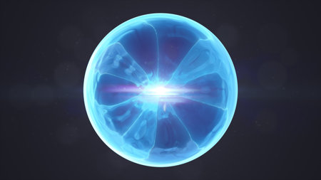 Smooth blue energy orb glowing with central light, surrounded by abstract translucent plasma.の写真素材