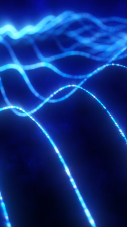 Flowing glowing blue lines on a dark background, representing digital currents or wave energy.の写真素材