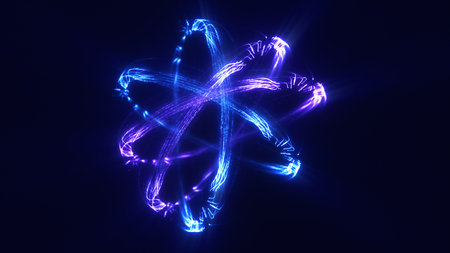 right glowing energy ring shaped like an atom with swirling blue and violet light trails.の写真素材