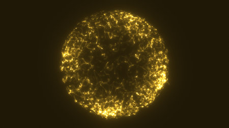 Vibrant golden sphere of tangled glowing lines emitting intense energy on a dark background.の写真素材