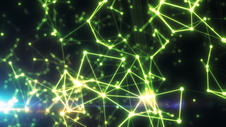 Neon green network structure with interconnected points glowing in space-like darkness and bright light flares.の写真素材