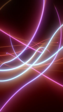 Neon trails of light swirling in abstract motion across a dark background, creating futuristic,...