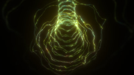 Abstract yellow-green digital waves swirling into a tunnel shape, suggesting data flow, light...