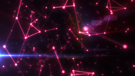 Glowing pink digital mesh of interconnected points on dark background with futuristic design elements and light flares.の写真素材