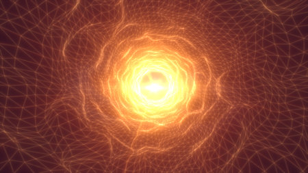 Intense glowing orange energy tunnel with bright core, abstract mesh grid, and strong digital flare in center.の写真素材