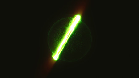 Glowing green digital sphere made of light particles, radiating energy in dark space.の写真素材