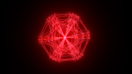 Glowing red geometric structure with dynamic energy lines radiating from the center on a dark...