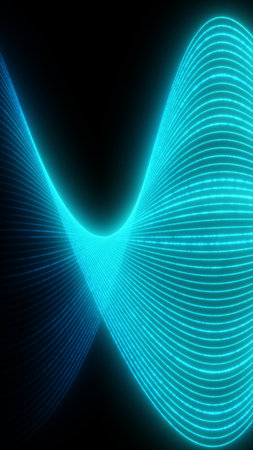 Bright cyan sinewave composed of glowing digital lines against a black background, suggesting futuristic data flow and rhythm.の写真素材