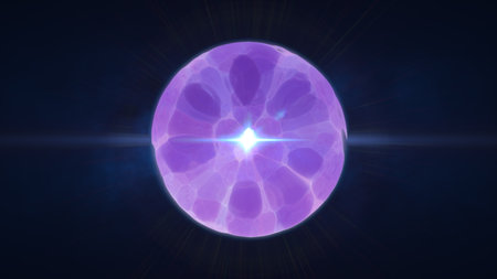 Shiny glowing purple orb with electric filaments radiating outward from a central white core.の写真素材
