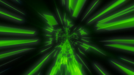 Green tunnel of light beams converging toward a bright vanishing point, evoking a sci-fi warp speed effect.の写真素材