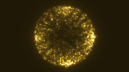 Vibrant golden sphere of tangled glowing lines emitting intense energy on a dark background.の写真素材