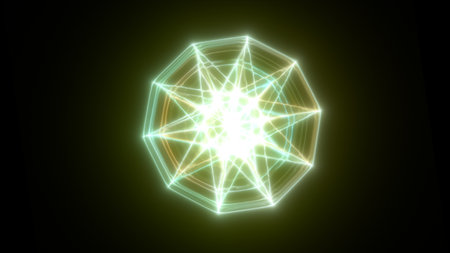 Bright radial grid of green and yellow lines with glowing energy in a digital light tunnel effect.の写真素材