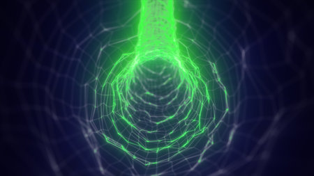 Bright green tunnel with digital grid lines, forming a high-tech energy channel.の写真素材
