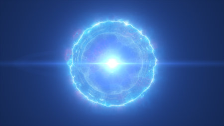 Luminous electric blue energy sphere pulsing with vibrant light and surrounded by glowing aura in deep space.の写真素材