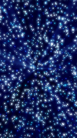 Dark abstract background with glowing blue star-like lights scattered in a cosmic space pattern.の写真素材