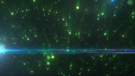 Green glowing light streaks and scattered particles with blue lens flare in a dark futuristic atmosphere.の写真素材