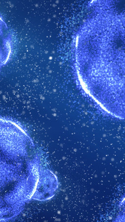 Microscopic blue spheres resembling abstract biological cells floating in a digital space.の写真素材