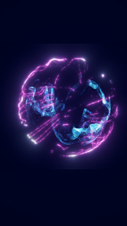 Glowing pink and blue fluid lines forming an abstract circular motion in dark space, resembling energy waves.の写真素材