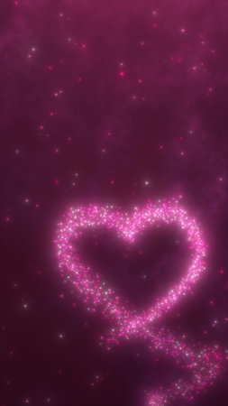 Pink heart made of glowing particles sparkles against a dreamy magenta cosmic background.の写真素材