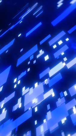 Pixelated blue rectangles float across a dark background, suggesting digital fragmentation or high-speed information streaming.の写真素材