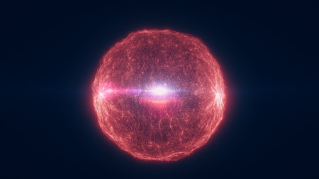 Glowing red digital sphere with radiant core and electric filaments, representing futuristic energy, power, and data in a sci-fi concept.の写真素材