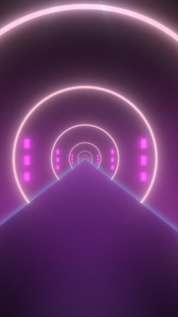 Neon-lit tunnel with glowing arches and purple atmosphere, evoking a retro-futuristic sci-fi...