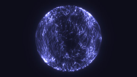 Abstract glowing sphere with electric violet threads, floating against a dark background, evoking energy and futuristic technology.の写真素材