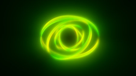 Green glowing twin-ring vortex on black background, representing flow of energy, data, or sci-fi concept.の写真素材