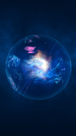 A glowing orb of energy floating in deep blue space, swirling with colorful light trails and cosmic textures.の写真素材