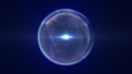 Bright energy sphere with sharp white core and glowing halo, emitting powerful lens flare across a dark cosmic backdrop.の写真素材