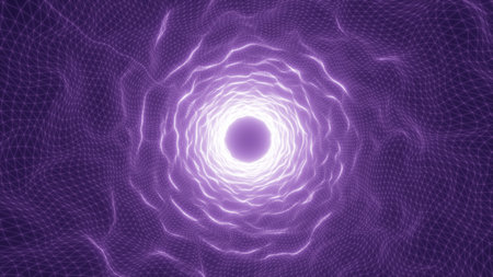 Bright glowing tunnel with electric light effect, abstract violet energy vortex with digital mesh structure.の写真素材