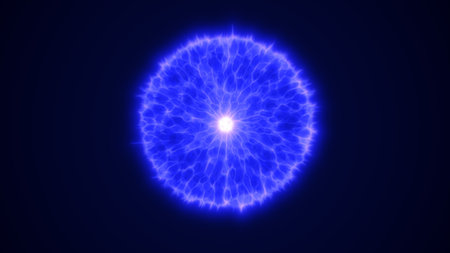 Electric blue glowing sphere with a bright center and textured energy surface on a deep blue background.の写真素材