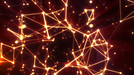 Bright orange digital network with glowing connections radiating across a dark red backdrop, symbolizing energy and connectivity.の写真素材