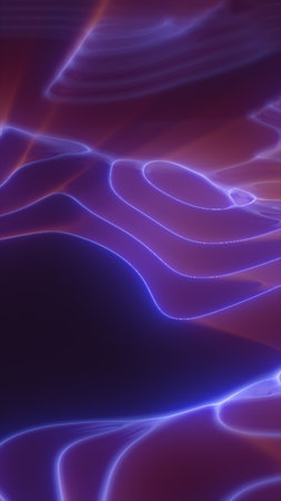 Abstract smooth neon-like terrain with glowing purple and violet contours forming fluid wave patterns on a dark background.の写真素材