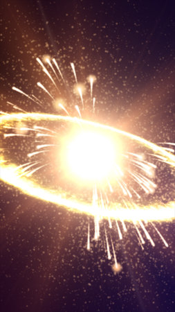 Glowing golden energy burst in space with radiant particles and light streaks.の写真素材